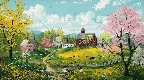 彩色手绘油画田园风景风光的插画