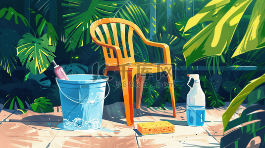 水瓶里的水插画图片_彩色绘画走廊里椅子花盆的插画