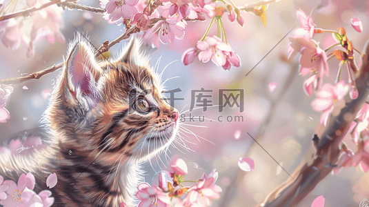 花瓣插画图片_唯美粉色花瓣花朵场景下猫咪的插画