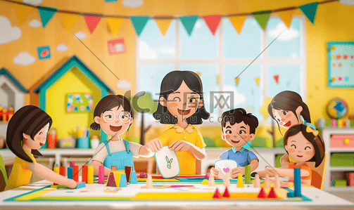 儿童合作插画图片_亚洲人幼儿园的师生在做手工