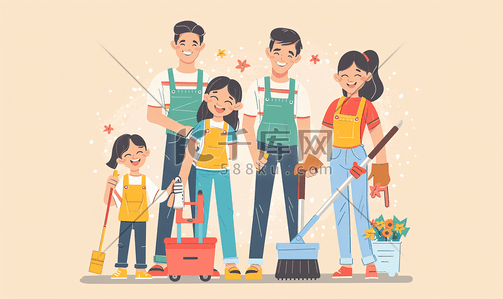服务人插画图片_亚洲人幸福家庭与维修服务人员