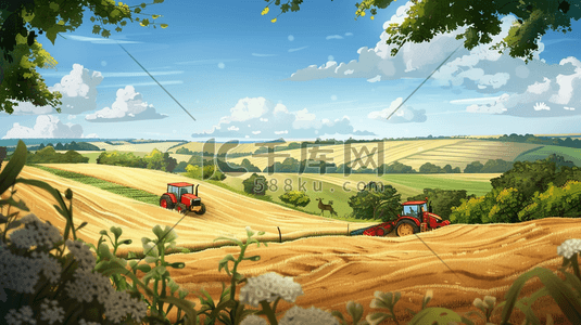 彩色手绘绘画田野里农拖拉机的插画