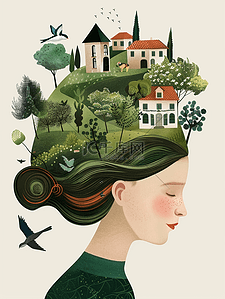 绘画艺术设计风格女孩头发上房屋环境的插画