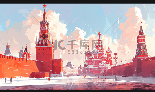 广场舞月插画图片_莫斯科红场地标