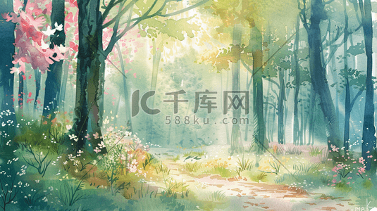 彩色水彩绘画户外森林树木风景的插画