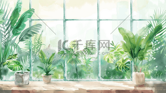 手绘彩色插画图片_彩色手绘绿色植物女子站在窗边的插画