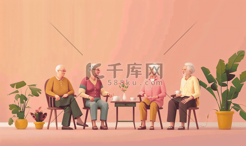 延迟退休年龄插画图片_老年朋友欢聚喝茶聊天