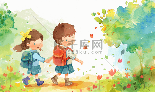 小学生读书插画图片_开学季手拉手去上学的同学们