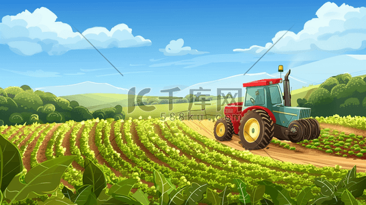 拖拉机的人插画图片_彩色手绘绘画田野里农拖拉机的插画