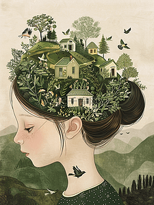 绿色设计插画图片_绘画艺术设计风格女孩头发上房屋环境的插画