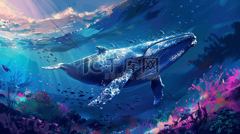彩色深海里鲸鱼鲨鱼生物的插画
