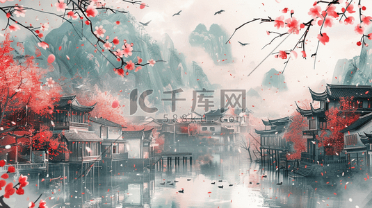 水彩树木插画图片_彩色绘画水彩国画山水房屋风景的插画