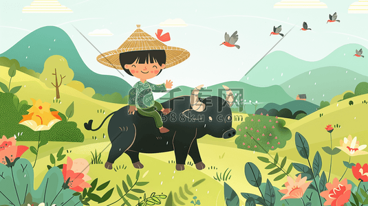 彩色手绘卡通户外儿童骑在牛背上的插画
