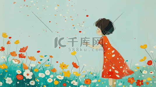 花朵的图案插画图片_彩色手绘水彩女孩树枝花朵的插画