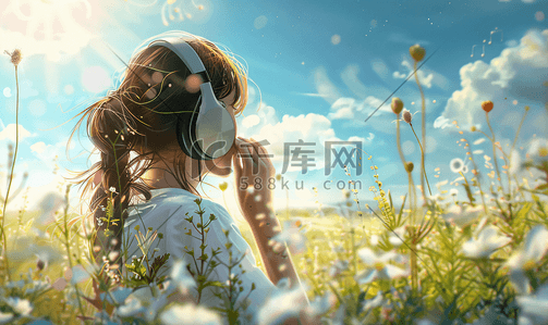 紫砂壶写真插画图片_文艺美女户外听音乐