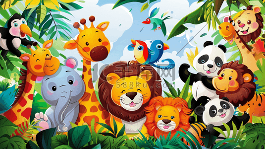 天平沙漏手绘插画图片_手绘卡通森林里众多动物的插画