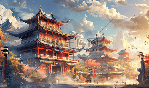 版纳背景插画图片_中国建筑古建筑