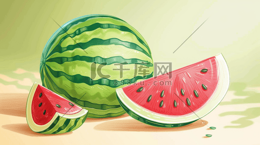 水果绘水果插画图片_彩色手绘绘画桌面上西瓜的插画