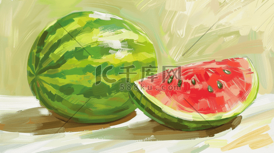 水果绘水果插画图片_彩色手绘绘画桌面上西瓜的插画