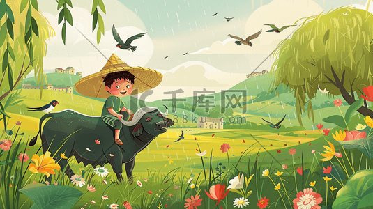 彩色手绘卡通户外儿童骑在牛背上的插画