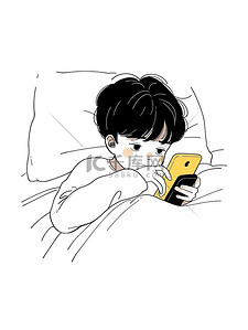 线条手机插画图片_可爱小男孩躺在床上玩手机插画