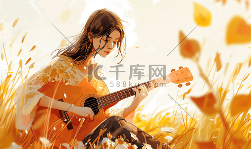 情绪插画图片_文艺清新美女弹吉他