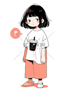 小女孩失眠拿着咖啡插画图片