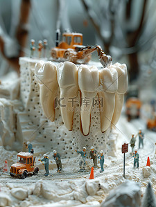 一只牙齿插画图片_模型牙齿微小的建筑工人矢量插画