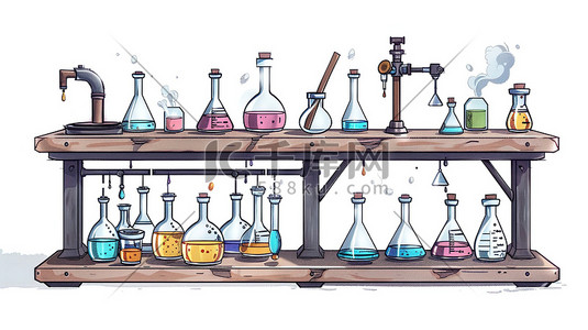 实验化学实验器具插画图片_化学工作台手绘图卡通风格素材