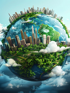 地球环保插画图片_地球上建筑物工厂植物插画海报