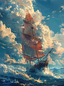 大海中的帆船插画