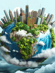 地球图标地球插画图片_地球上建筑物工厂植物插画