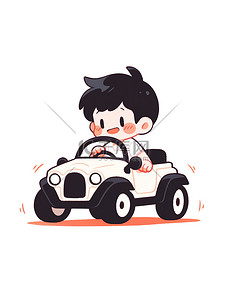 可爱的男孩驾驶汽车原创插画