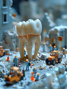 牙齿插画图片_模型牙齿微小的建筑工人插画设计