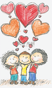 拥抱的插画图片_一群孩子在思考拥抱的蜡笔画
