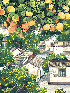 房子国风插画图片_杏子树下的院子插画
