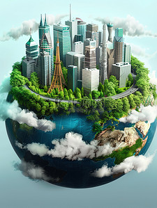 地球图标地球插画图片_地球上建筑物工厂植物插画图片