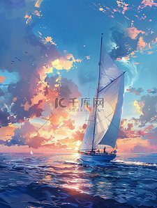 白云中的插画图片_大海中的帆船插画