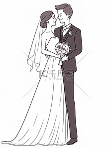 结婚礼盒插画图片_新婚结婚新人简约线条手绘插画图片