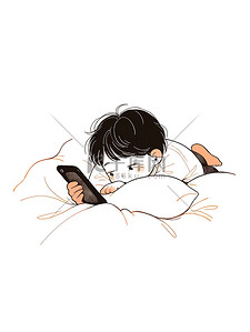 线条手机插画图片_可爱小男孩躺在床上玩手机插画素材