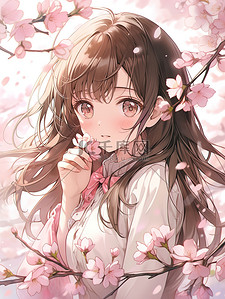 动漫樱花插画图片_女孩站在盛开的粉红色樱花下插画海报