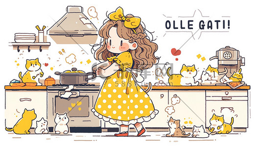 卡通女孩在插画图片_可爱女孩在厨房做饭卡通插画素材