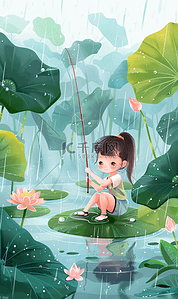 池塘边插画图片_一个坐在池塘边钓鱼的女孩