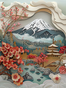 鲜花和山脉纸艺东方风格插画