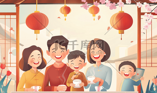 丈夫妻子插画图片_亚洲人幸福家庭在院子里喝茶