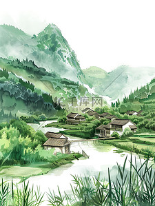 舒适宁静的居住插画图片_宁静的村庄竹林农舍原创插画