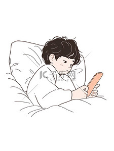 手机线条插画图片_可爱小男孩躺在床上玩手机插画海报