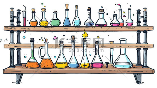 实验化学实验器具插画图片_化学工作台手绘图卡通风格插画