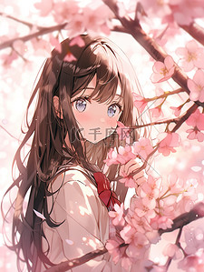 动漫樱花插画图片_女孩站在盛开的粉红色樱花下插图