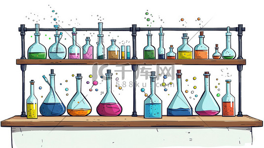 化学实验锥形瓶插画图片_化学工作台手绘图卡通风格矢量插画